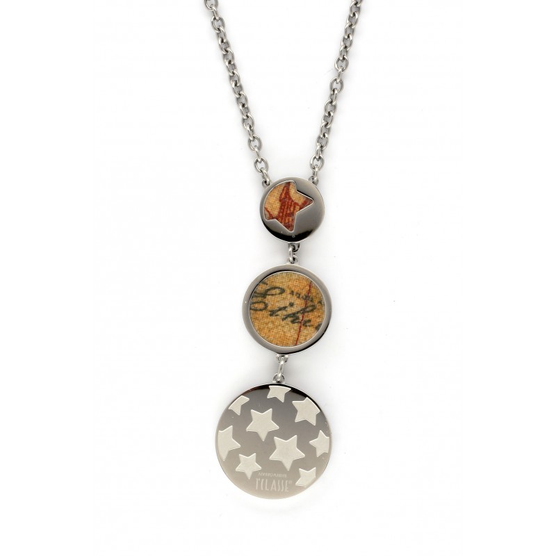 Alviero Martini Woman Necklace in stainless steel  with 3 rounds central with leather Geo Classic insert and stars designed