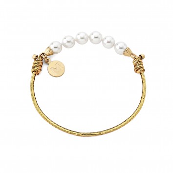 Majorica  Elastic Gold Colored Cord Bracelet and gold tone with 6 White pearls