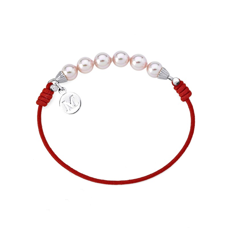 Majorica Red elastic Cord Bracelet sterling silver with 6 pink pearls