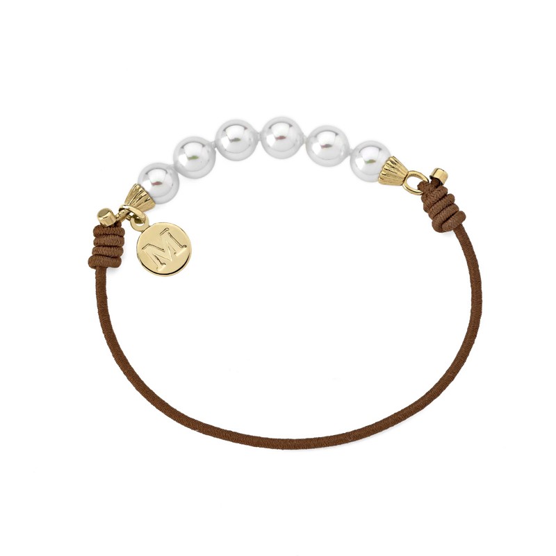 Majorica elastic Brown Cord Bracelet and Gold tone with 6 white pearls