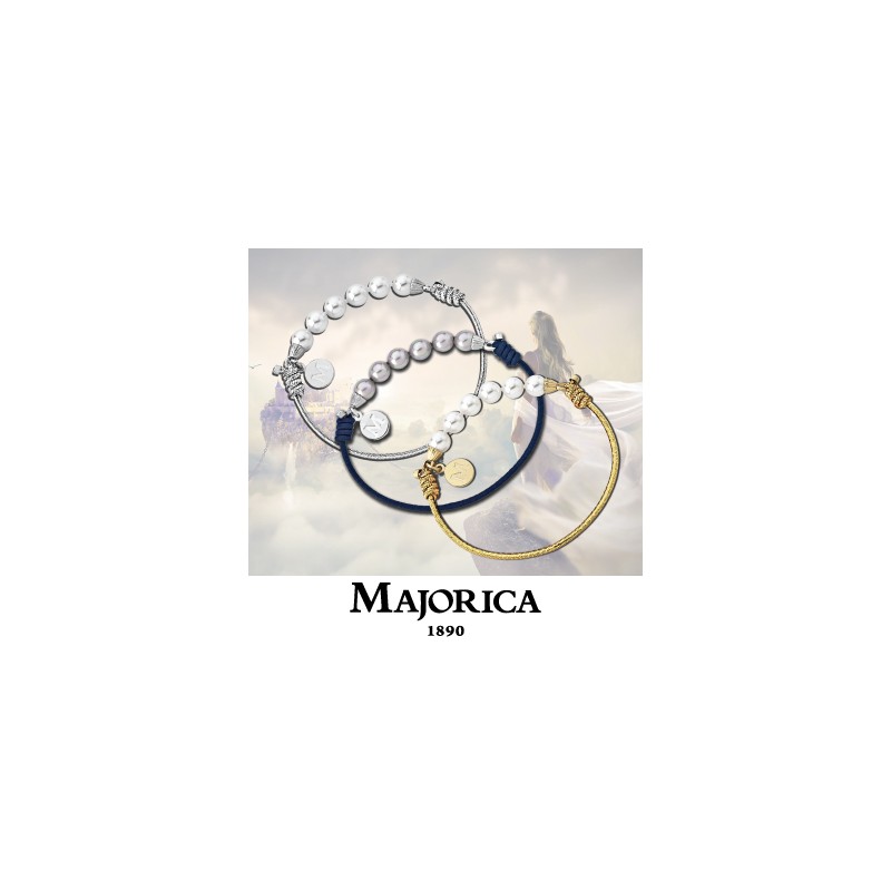 Majorica  Elastic Gold Colored Cord Bracelet and gold tone with 6 White pearls